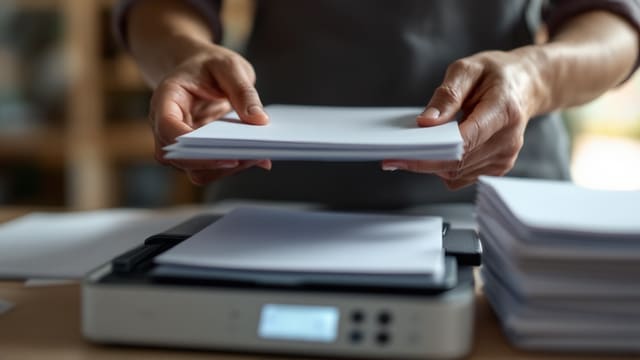 Hands feeding a neat stack of documents into an office scanner.