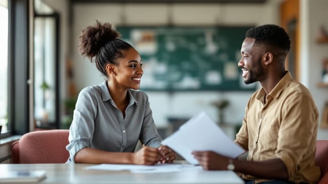 A Moola Services assistant and a job seeker talking across a desk.