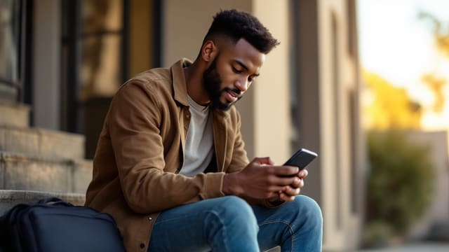 A young man filling in a job application on his phone.