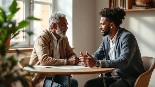 An adviser listening carefully to a worker across a small table.